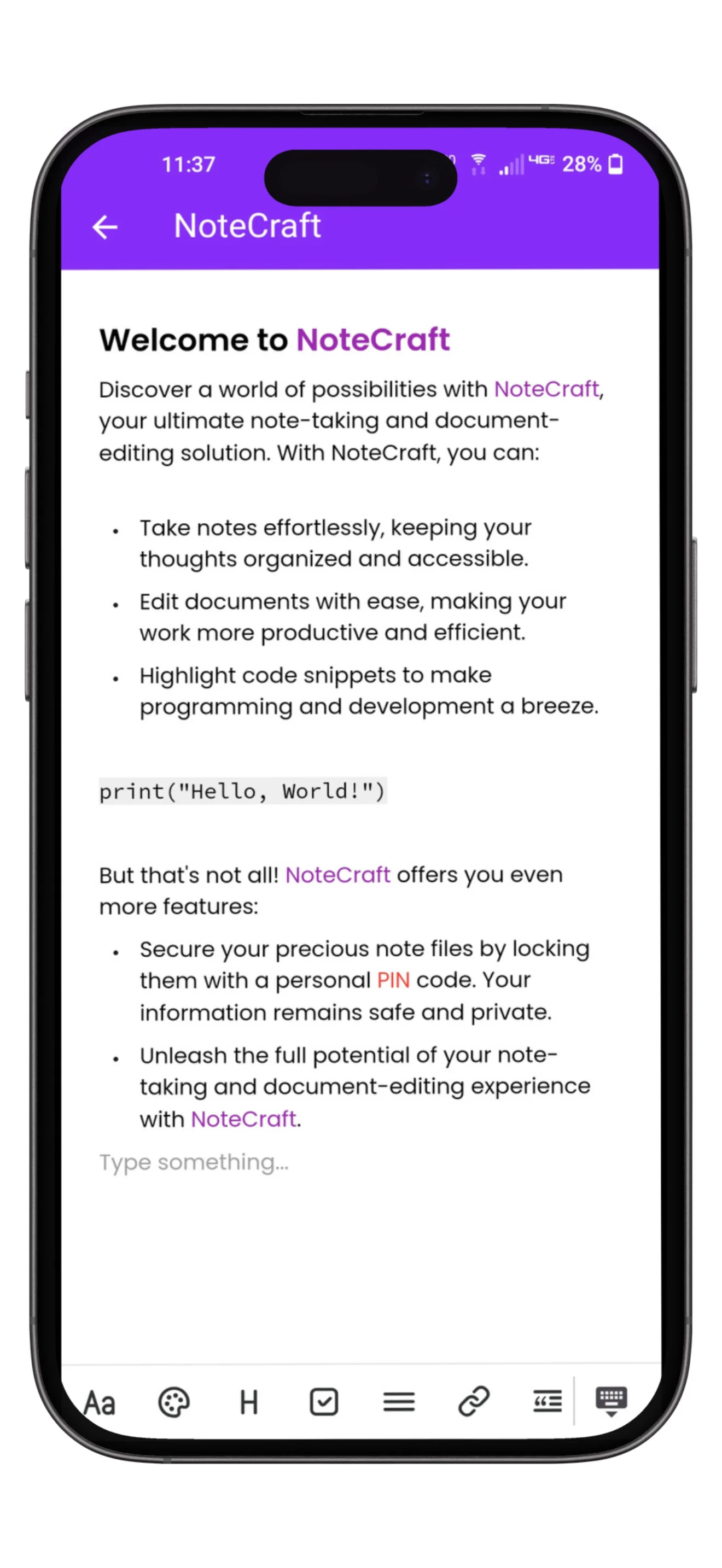 Screenshot of NoteCraft note-taking mobile application